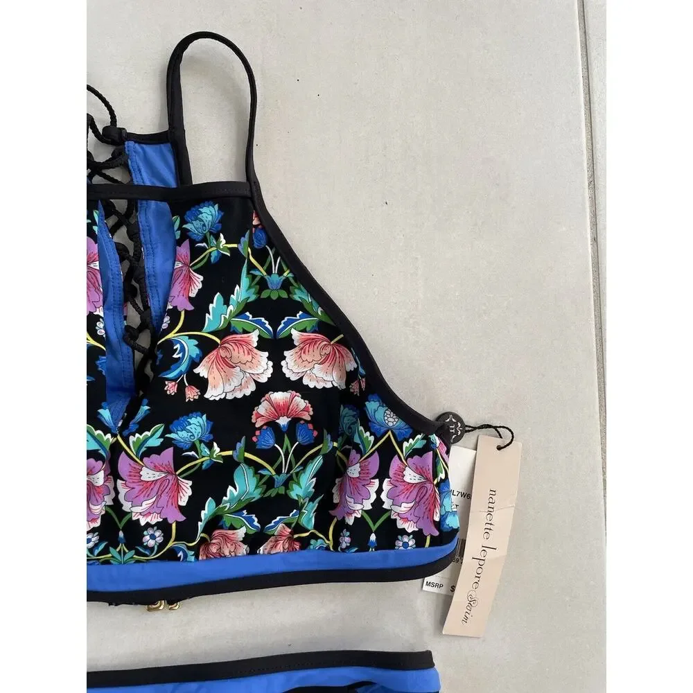 Nanette Lepore Swimsuit Bikini Floral Vixen Swimwear Beach Boho Romantic Goth